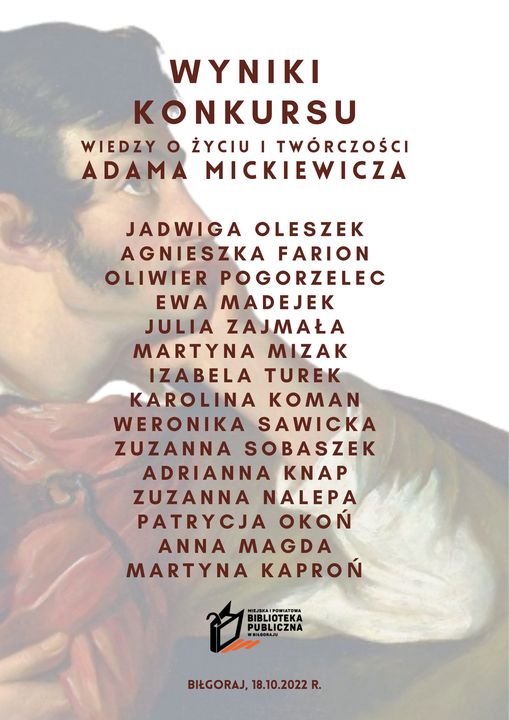 Wyniki Konkursu Wiedzy o życiu i twórczości Adama Mickiewicza